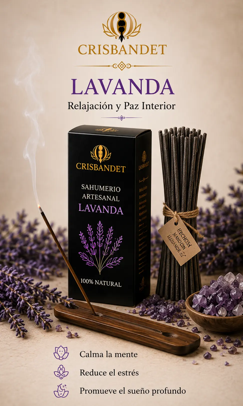 Sahumerio Lavanda artesanal CRISBANDET — Relajación y paz interior
