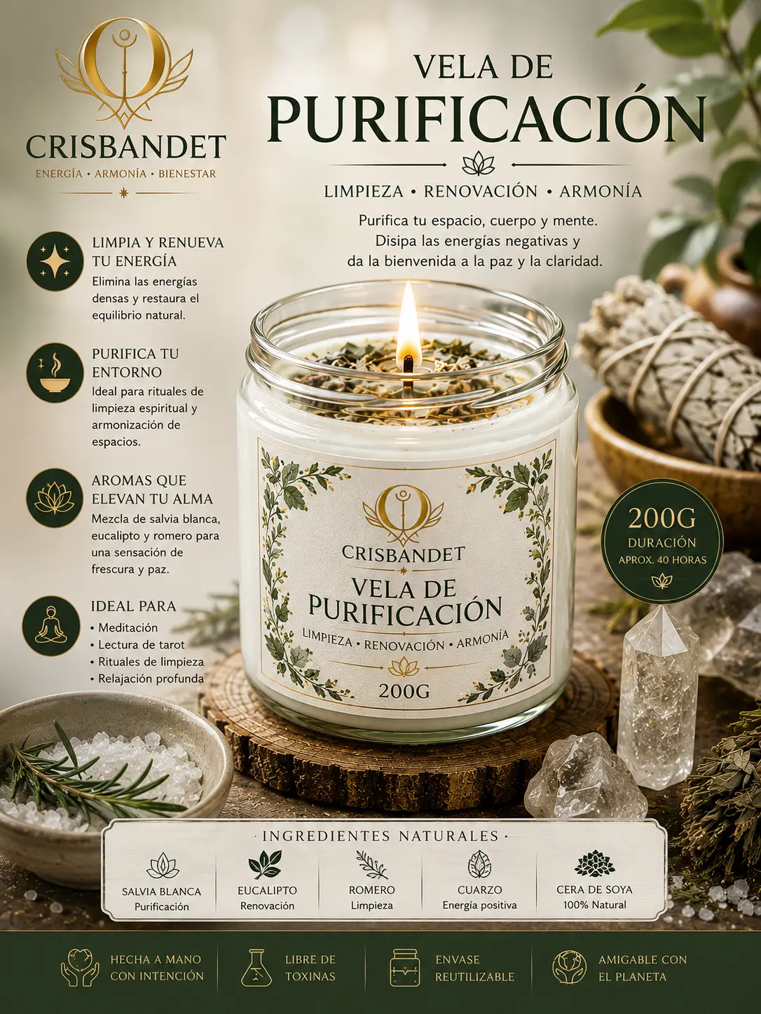Vela de Purificación CRISBANDET — Limpieza · Renovación · Armonía