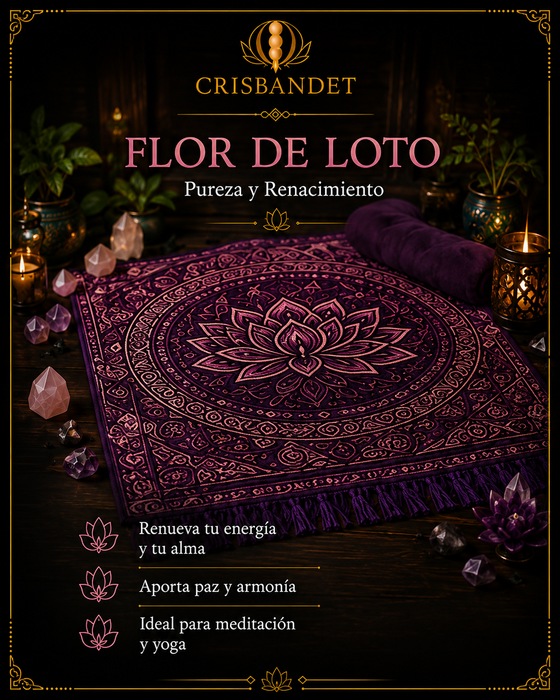 Manta de meditación Flor de Loto CRISBANDET — Pureza y Renacimiento