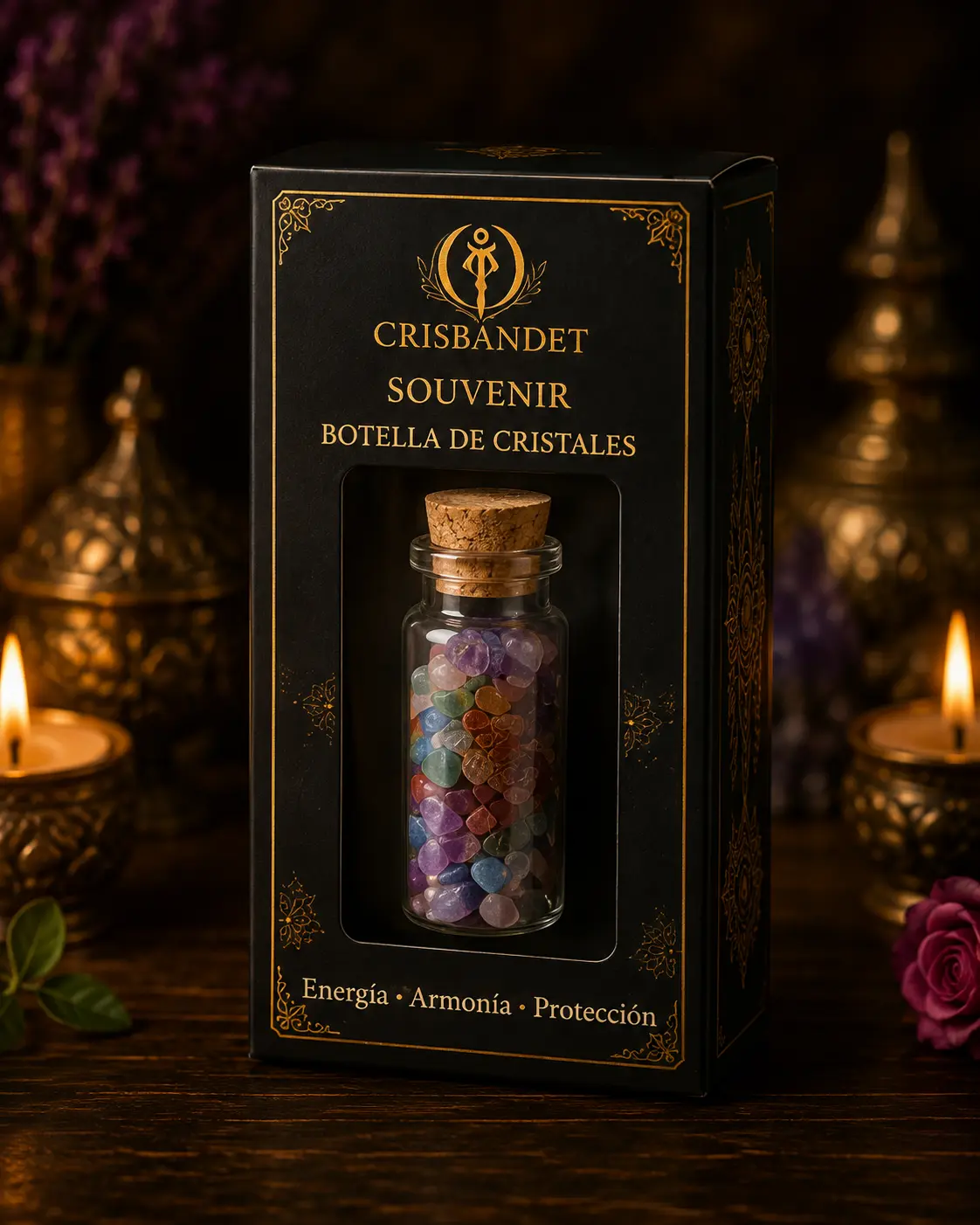 Souvenir Botella de Cristales CRISBANDET — Energía · Armonía · Protección