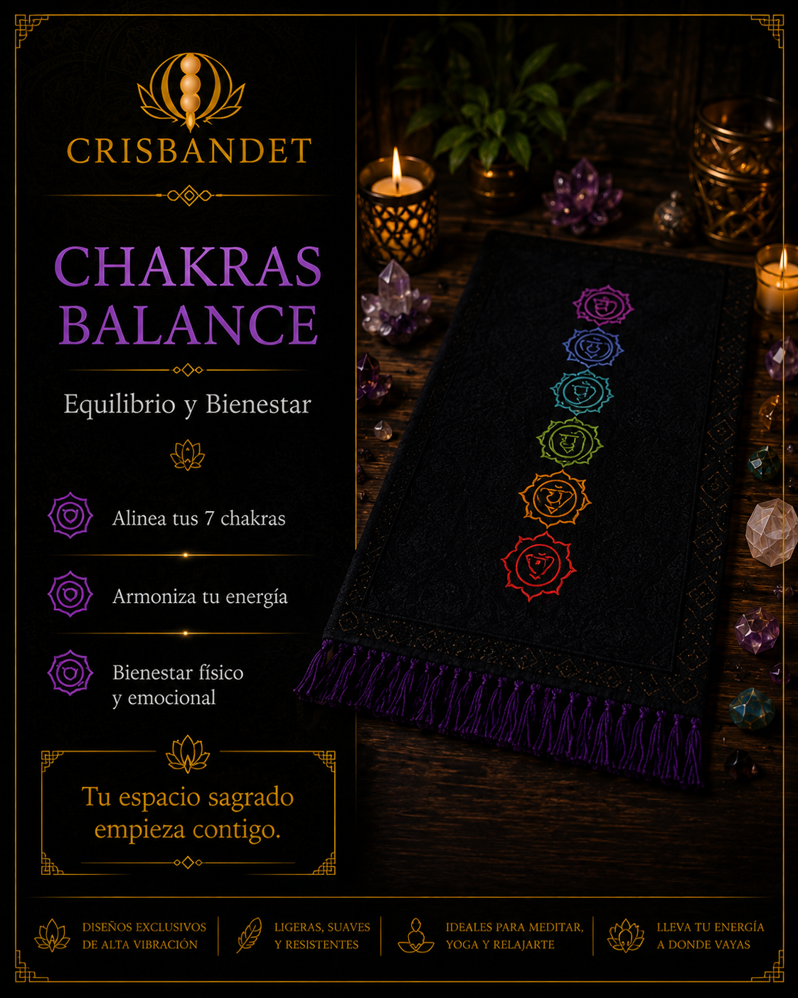 Manta de meditación Chakras Balance CRISBANDET — Equilibrio y Bienestar