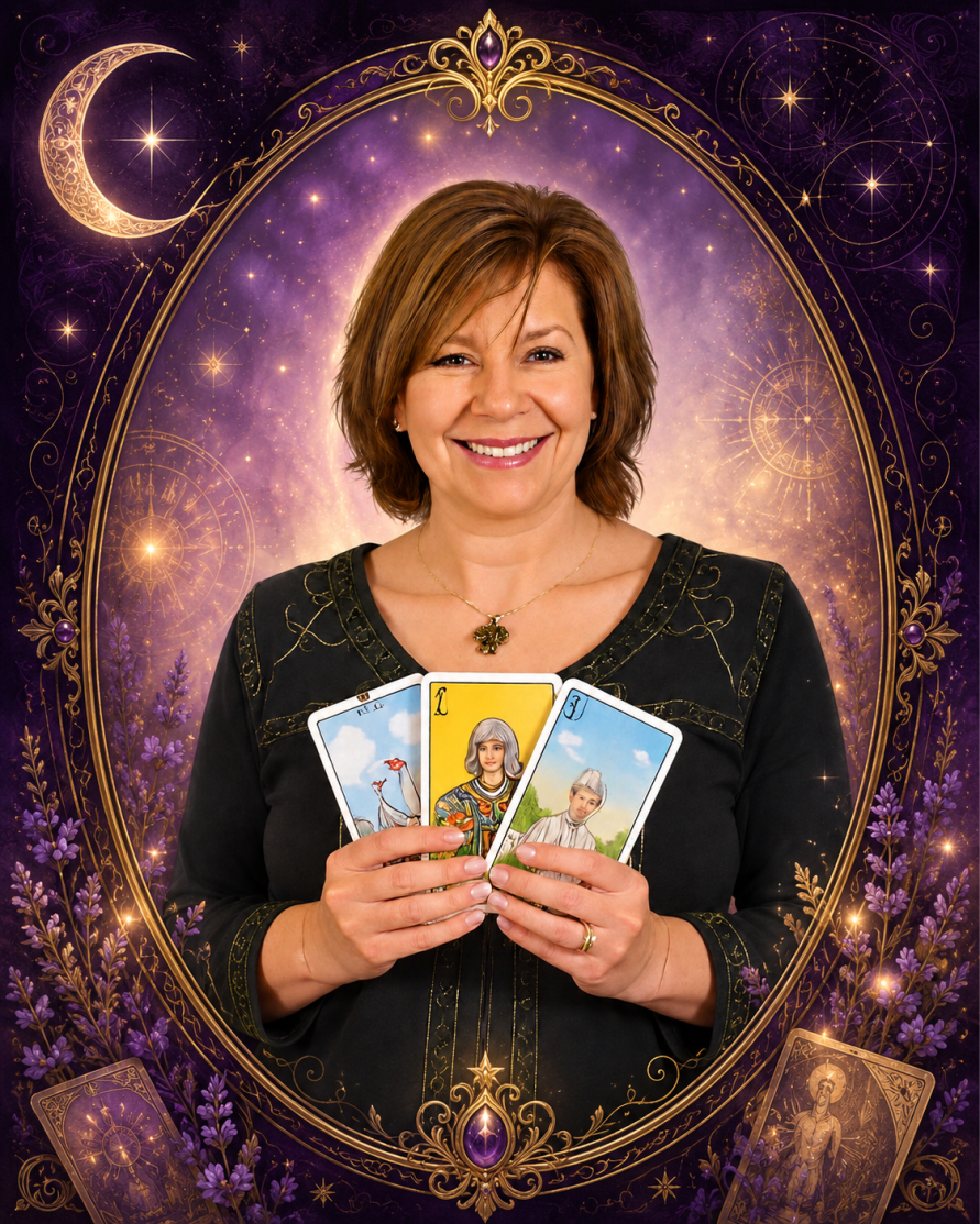 CRISBANDET sosteniendo tres cartas de tarot