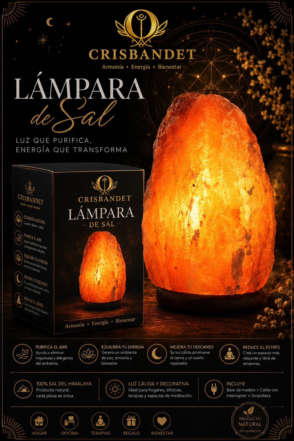 Lámpara de Sal CRISBANDET — Purifica el aire · Luz que transforma