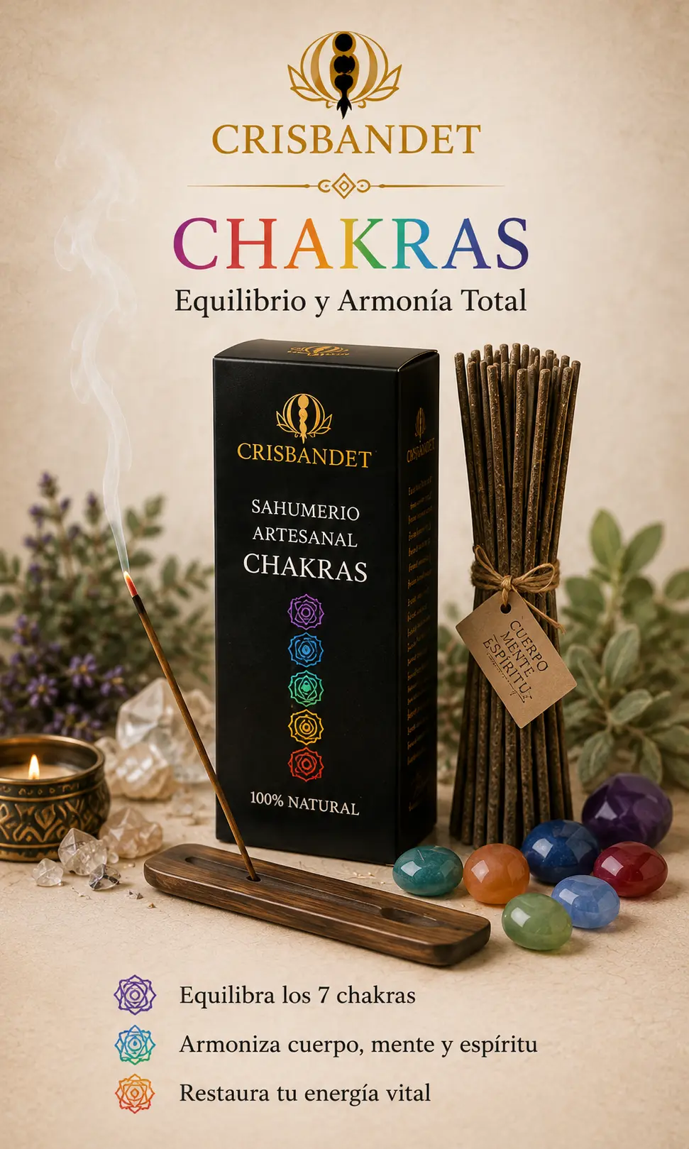Sahumerio Chakras artesanal CRISBANDET — Equilibrio y armonía total