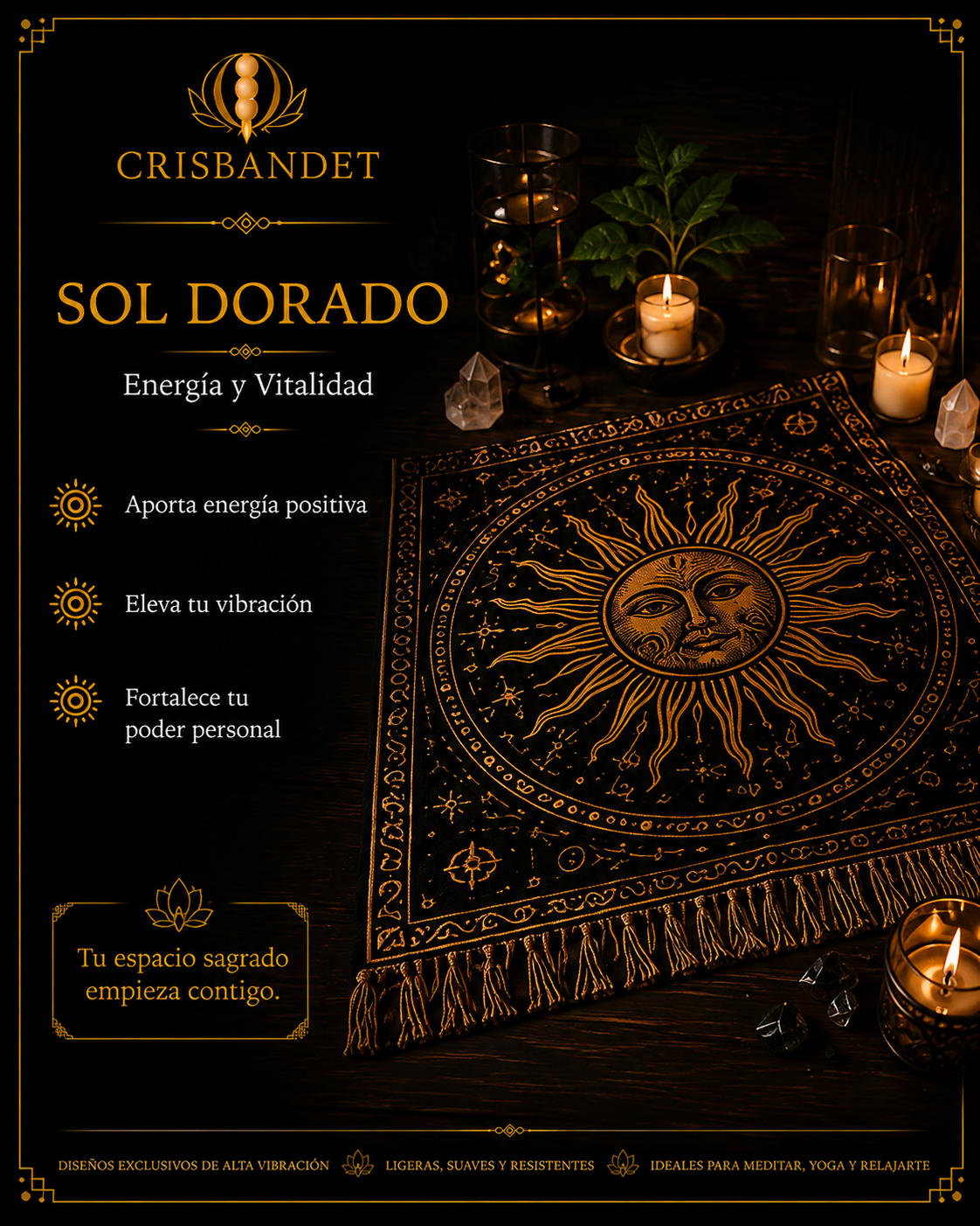 Manta de meditación Sol Dorado CRISBANDET — Energía y Vitalidad
