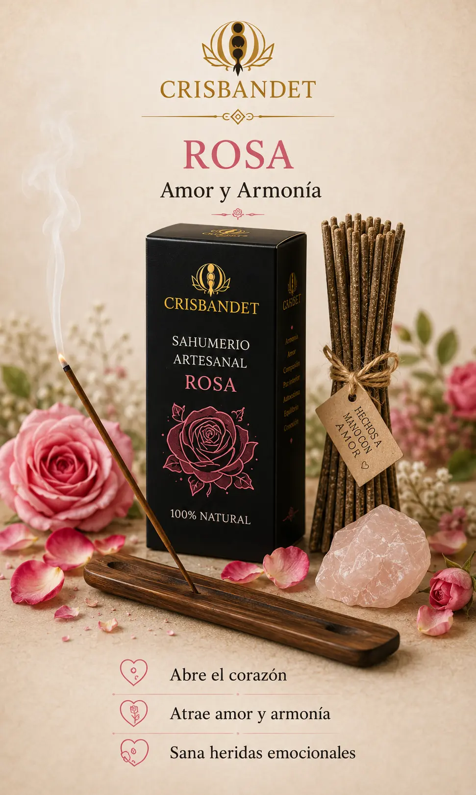 Sahumerio Rosa artesanal CRISBANDET — Amor y armonía